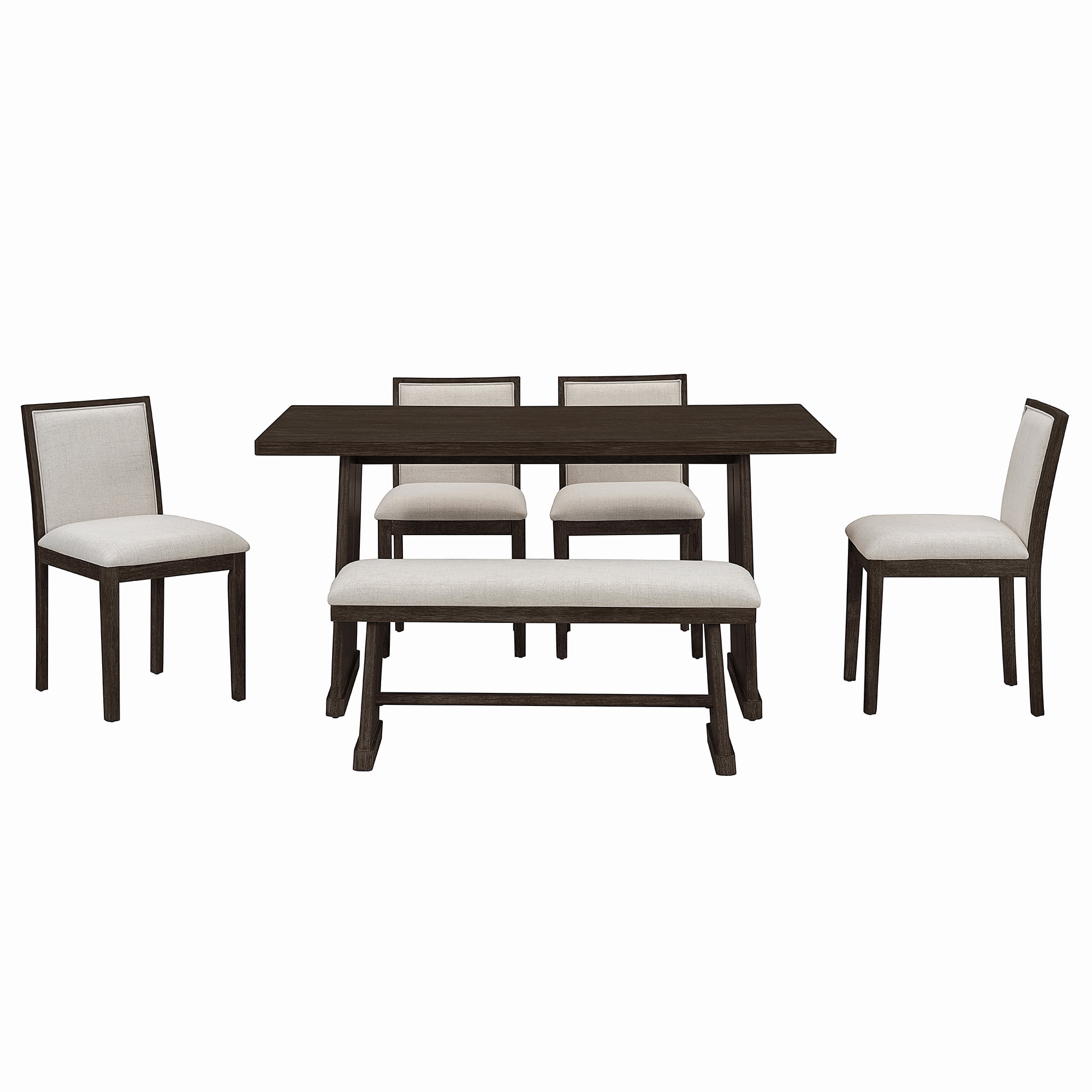 Euroco 6-Piece Farmhouse Dining Table Set for 6, 59.8" Rectangular Dining Table with 4 Upholstered Chairs & 1 Bench,Solid Wood Dining Furniture Set for Kitchen,Espresso