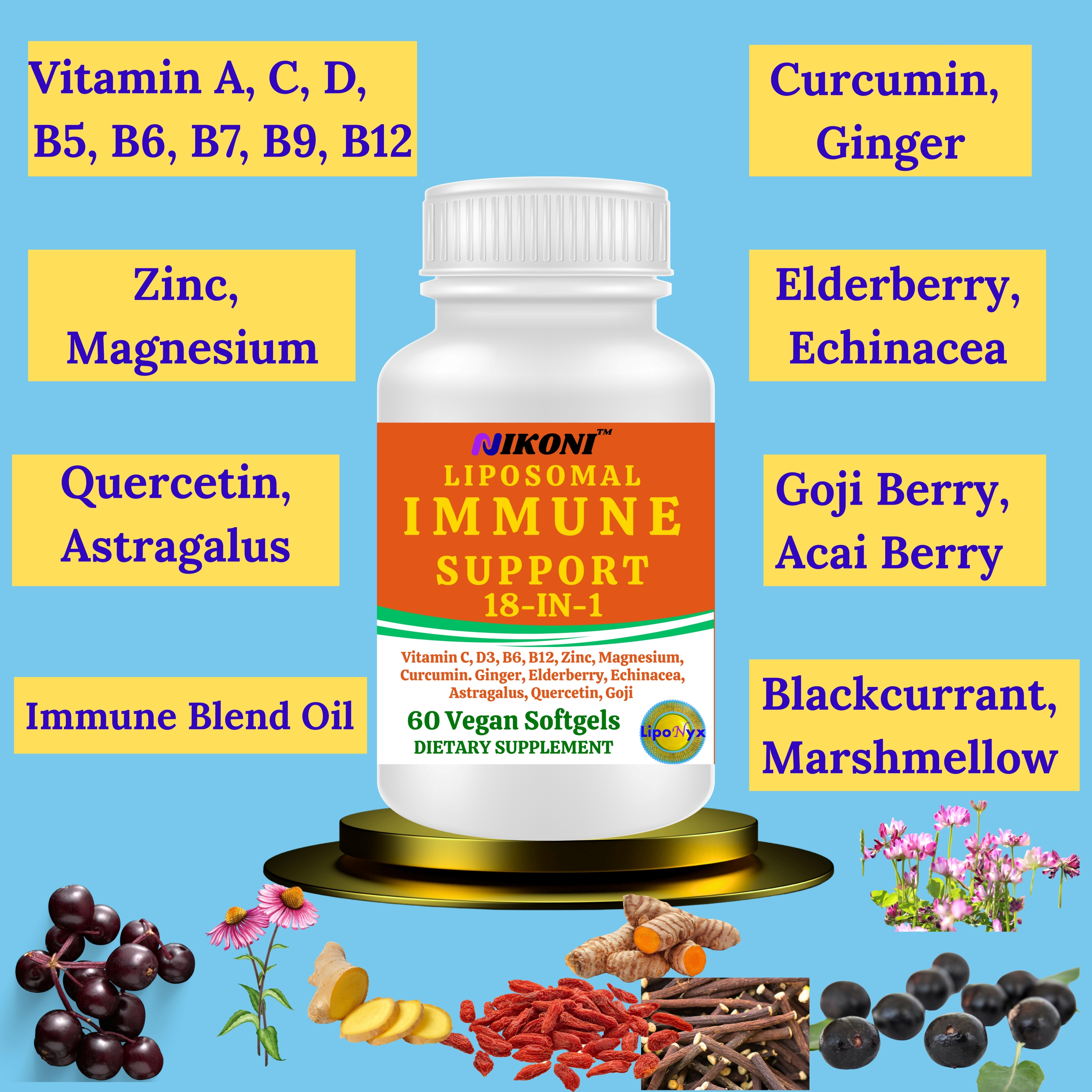 Nikoni Immune Support Dietary Supplement 18-in-1 Liposomal Formula Vegan Softgels 60 Count