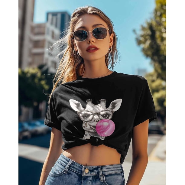 T Shirts for Women,Sketch Giraffe Glasses T Shirt Short Sleeve Loose Fit Tee Tops Crewneck Womens T-Shirts for Teen Girls