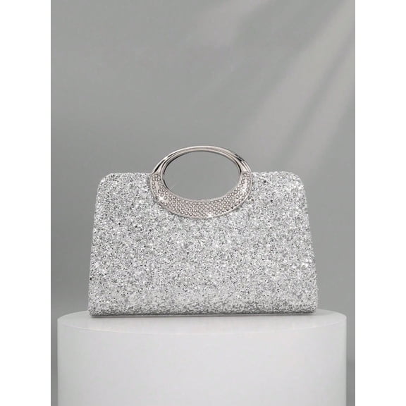 Wynndora Silver Glitter Evening Purse, Rhinestone Clutch Bag for Wedding Party