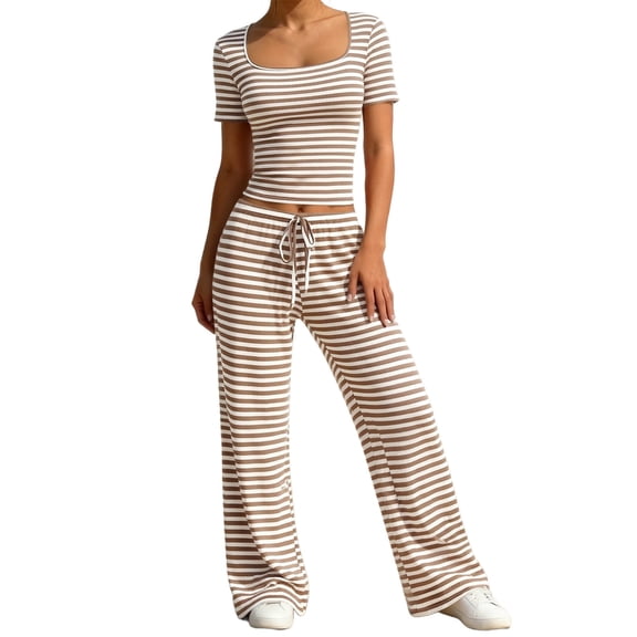 FNFYFH Womens 2 Piece Ribbed Sets Square Neck Crop Top Wide Leg Pants Casual Striped Lounge Set Y2k Outfits