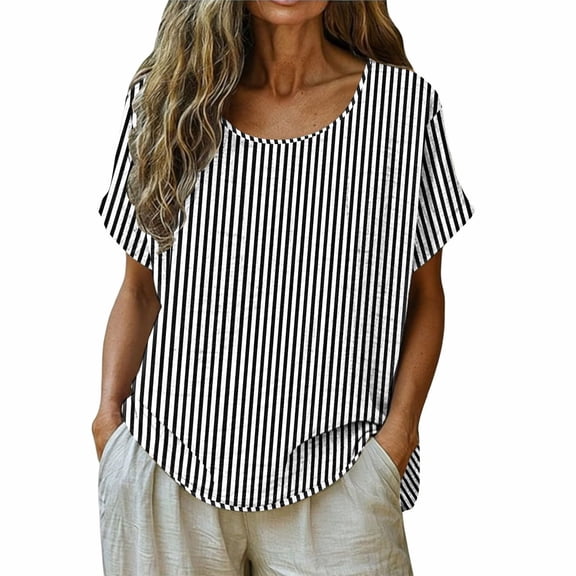 Aezemi Loose Striped Shirts Womens Tunic Curved Hem Lightweight Beach Vacation Casual Tops Women Summer Pullover Short Sleeve Fashion Outdoor Tees L