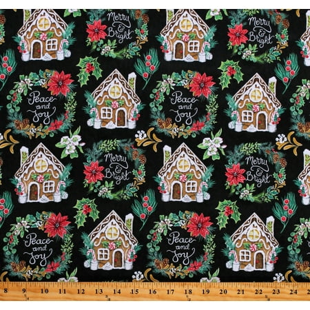 Cotton Gingerbread Houses Merry & Bright Christmas Holidays Mistletoe Magic Black Cotton Fabric Print by the Yard (2223-99)