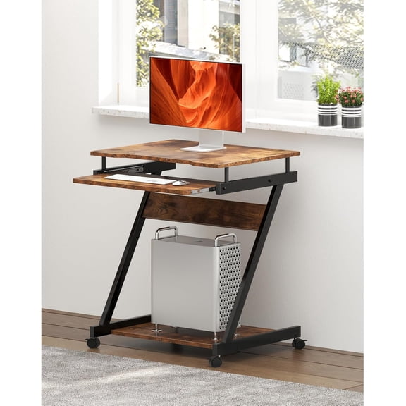 ZCB LIKE HOME Mobile Compact Computer Desk Cart for Small Spaces, Work Workstation, Standing Laptop Cart with Keyboard Tray and Printer Shelf for Home, Office, Rustic Brown