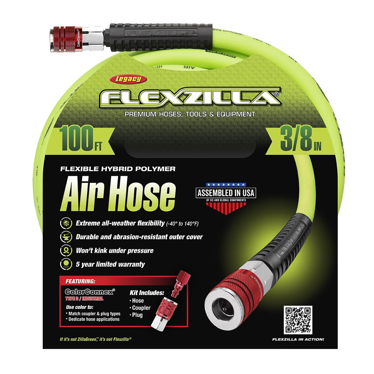 Flexzilla Air Hose Kit, 3-Piece, 3/8" x 100', ZillaGreen, with ColorConnex Coupler and Plug, Type D, Red