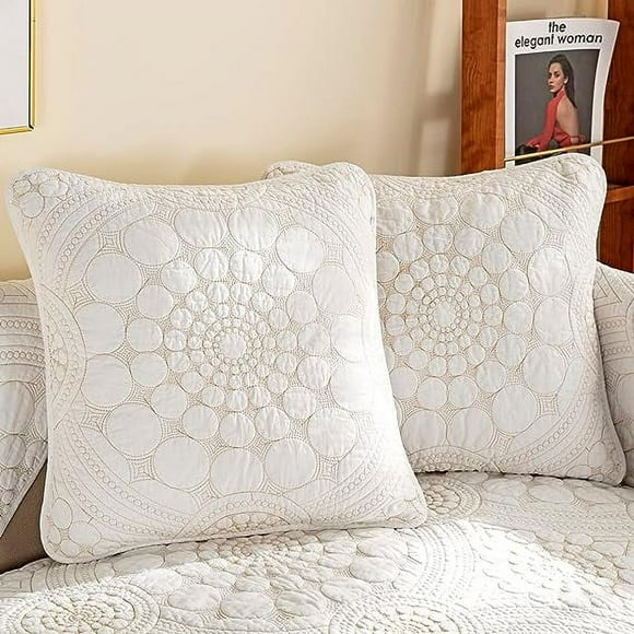 Zhuge Set of 2 Boho Circle Embroidery Throw Pillow Covers for Couch Bed Sofa Cotton Quilted Soft Cushion Covers (White,20"x20")