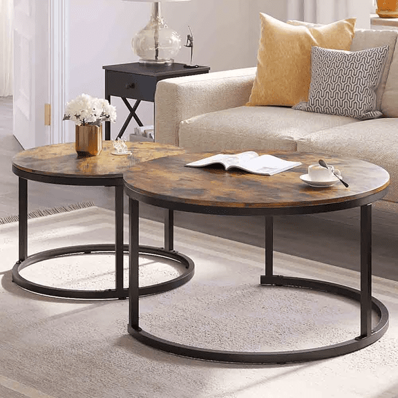 Uforic Nesting Coffee Tables Set of 2,Round Coffee Table for Living Room,Wood Coffee Tables with Sturdy Metal Frame,Rustic Brown