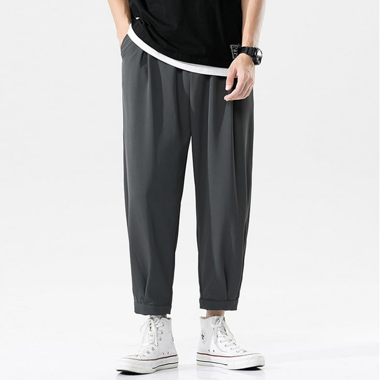 Men's Casual Cotton Sweatpants Ankle-Length Elastic Waist Loose Fit Lounge  Pants Trendy Solid Color Sports Pants