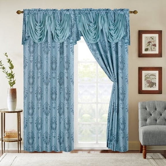 Jacquard Window Panel w/18" Valance Aqua Pattern 1