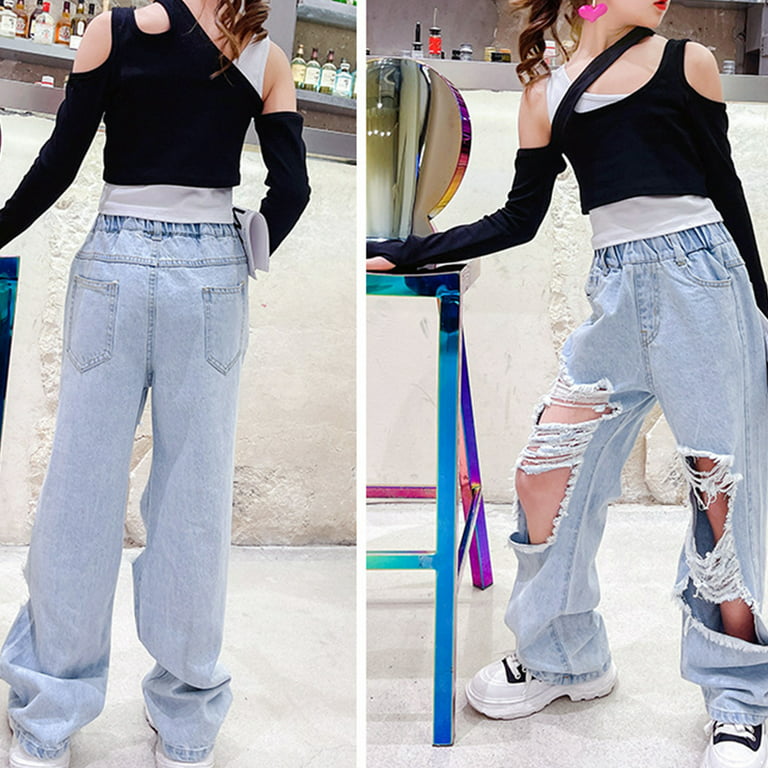 Kids Girls Casual Baggy Jeans Trousers Distressed Wide Leg Loose