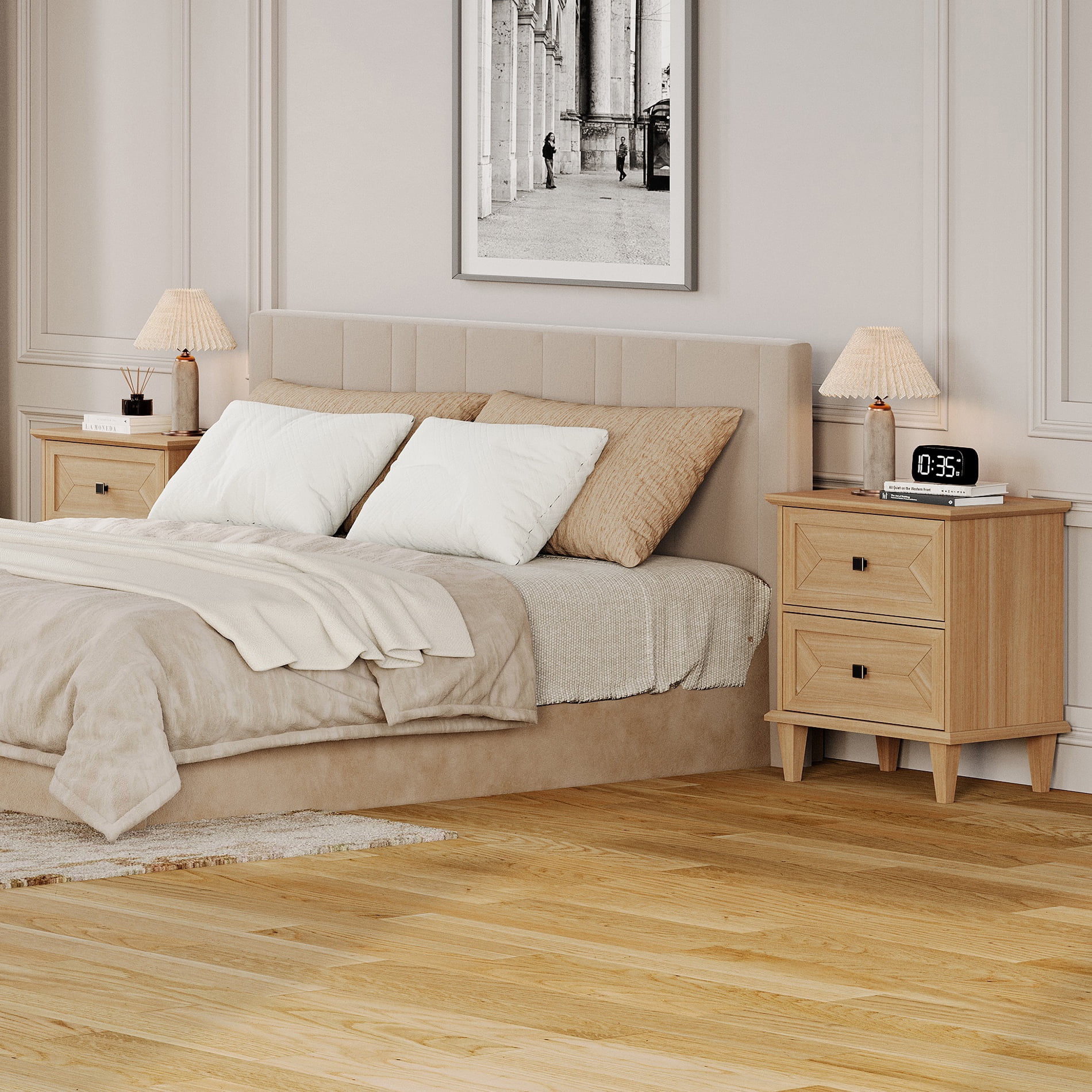 WAMPAT Nightstands Set of 2 with Charging Station, Farmhouse Wood Bedside Tables with Drawers & Solid Wood Legs, Rustic End Side Tables for Living Room, Natural