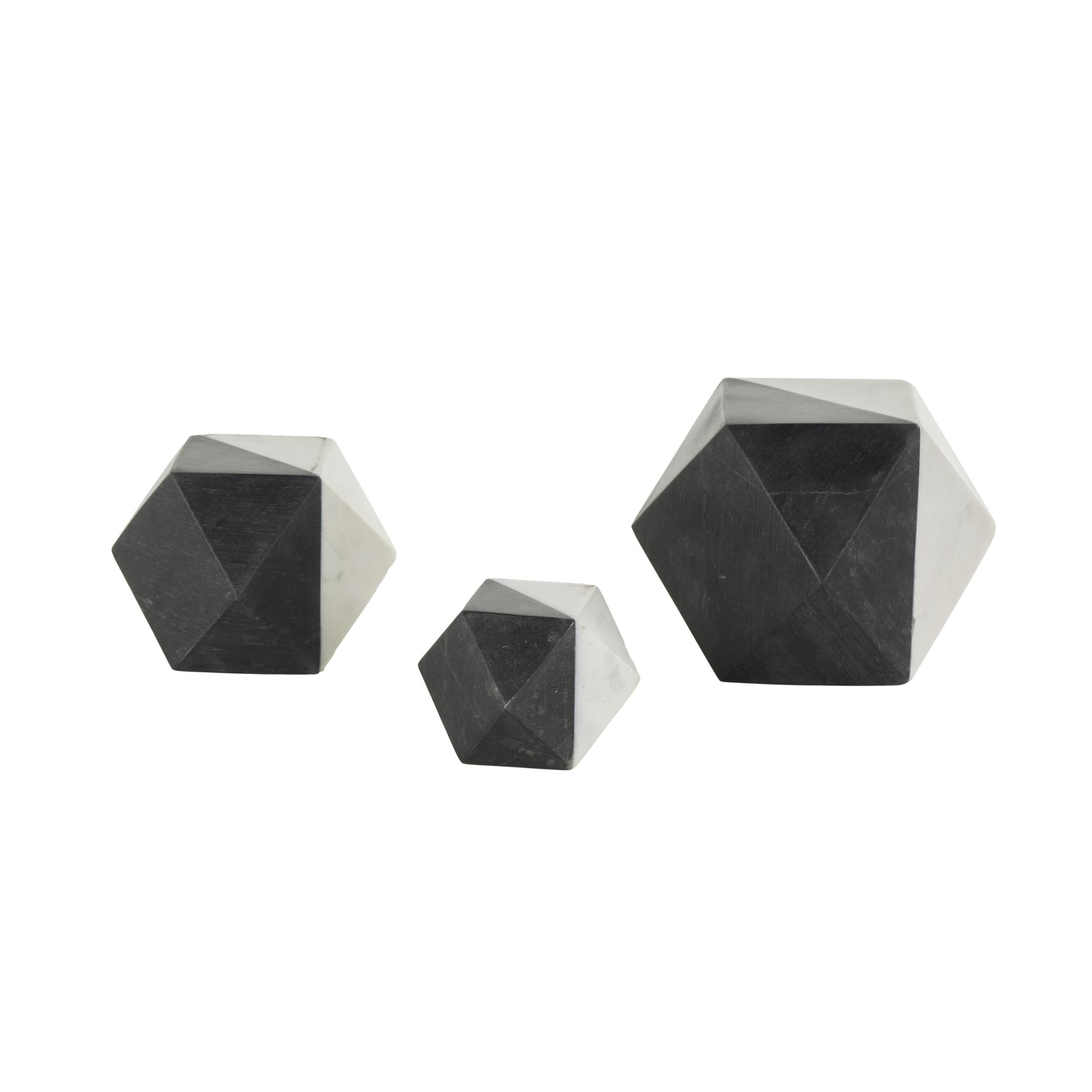 5", 4", 3"H Black Marble Cube Two-Toned Hexagon Geometric Sculpture with White Accent, by DecMode (3 Count)