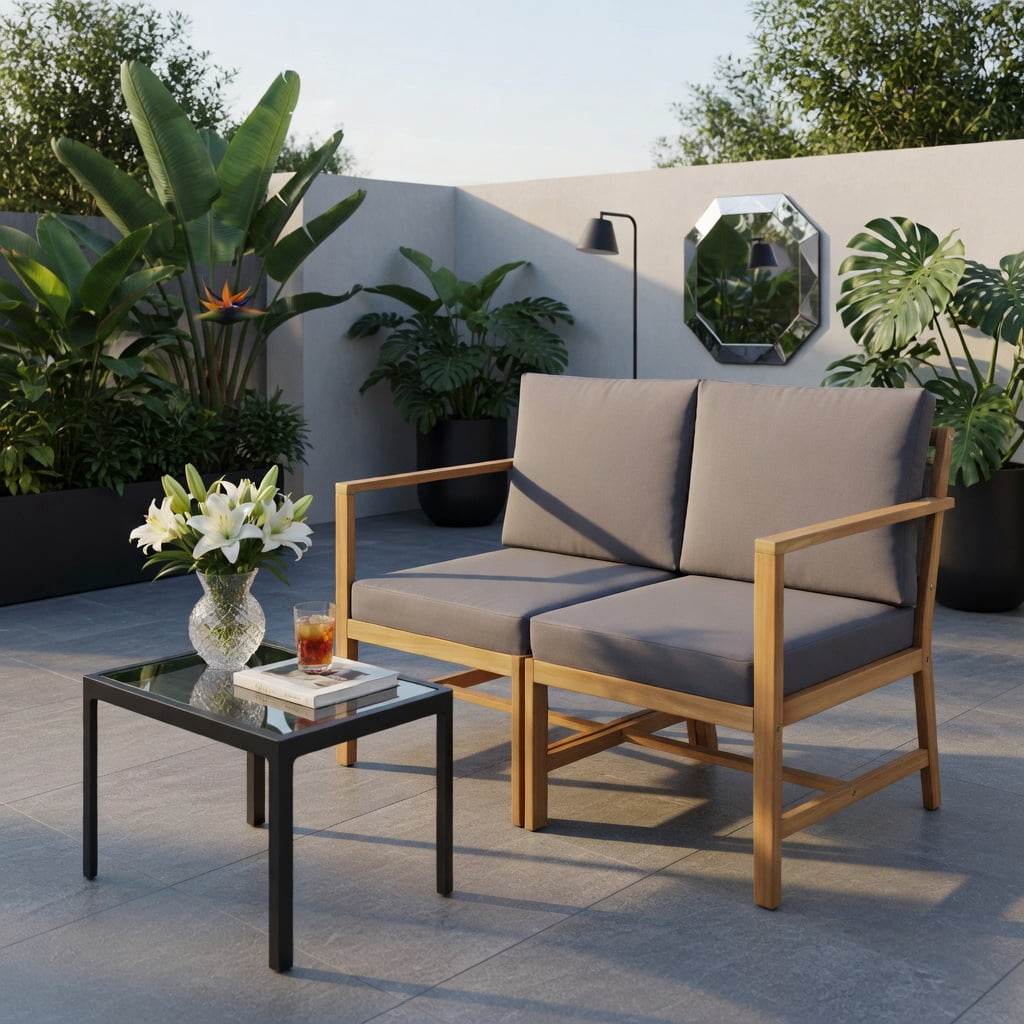 Hommoo 3-Piece Acacia Wood Outdoor Loveseat Set with Detachable Coffee Table & Removable Cushions, Teak Patio Furniture for Backyard, Balcony & Poolside, Natural