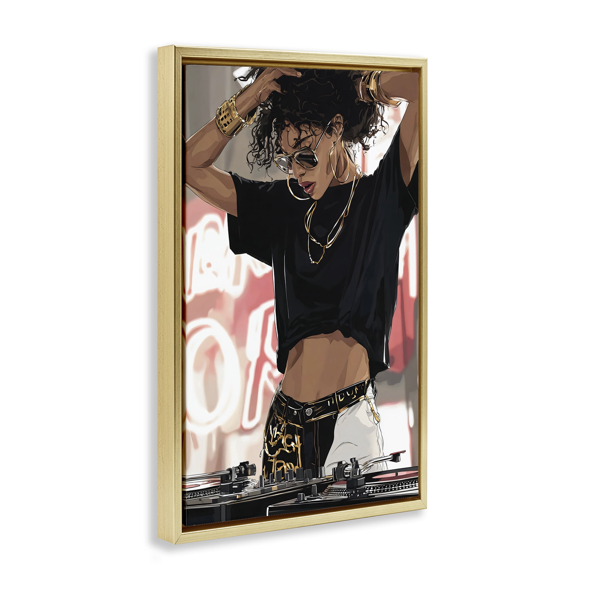 Stupell Industries Trendy Female DJ Musician Gold Framed Floater Canvas Wall Art, design by Franklyn Gregory