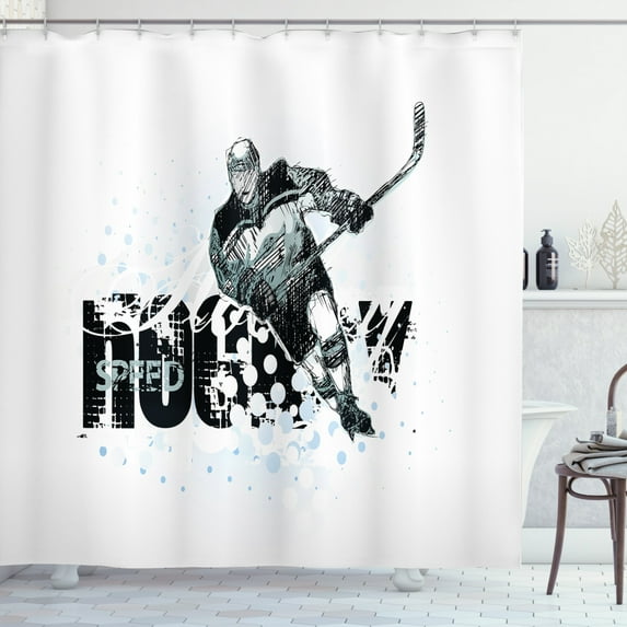 Ambesonne Hockey Shower Curtain, Grunge Player Sketch, 69"Wx75"L, Black White Pale Blue