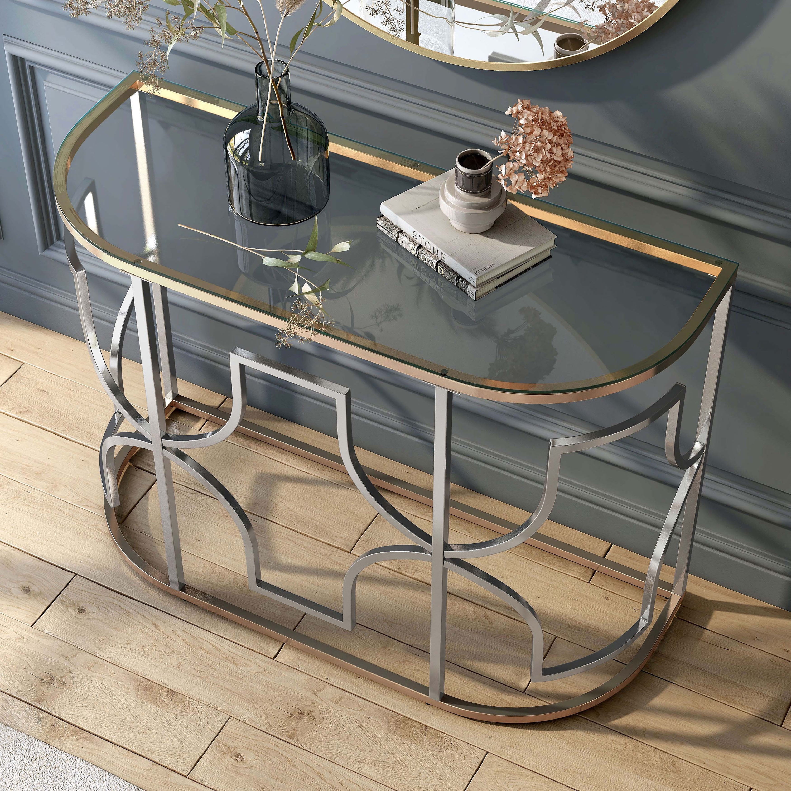 Furniture of America Eulle Half-Circle Glass Top Chrome and Gold Sofa Table