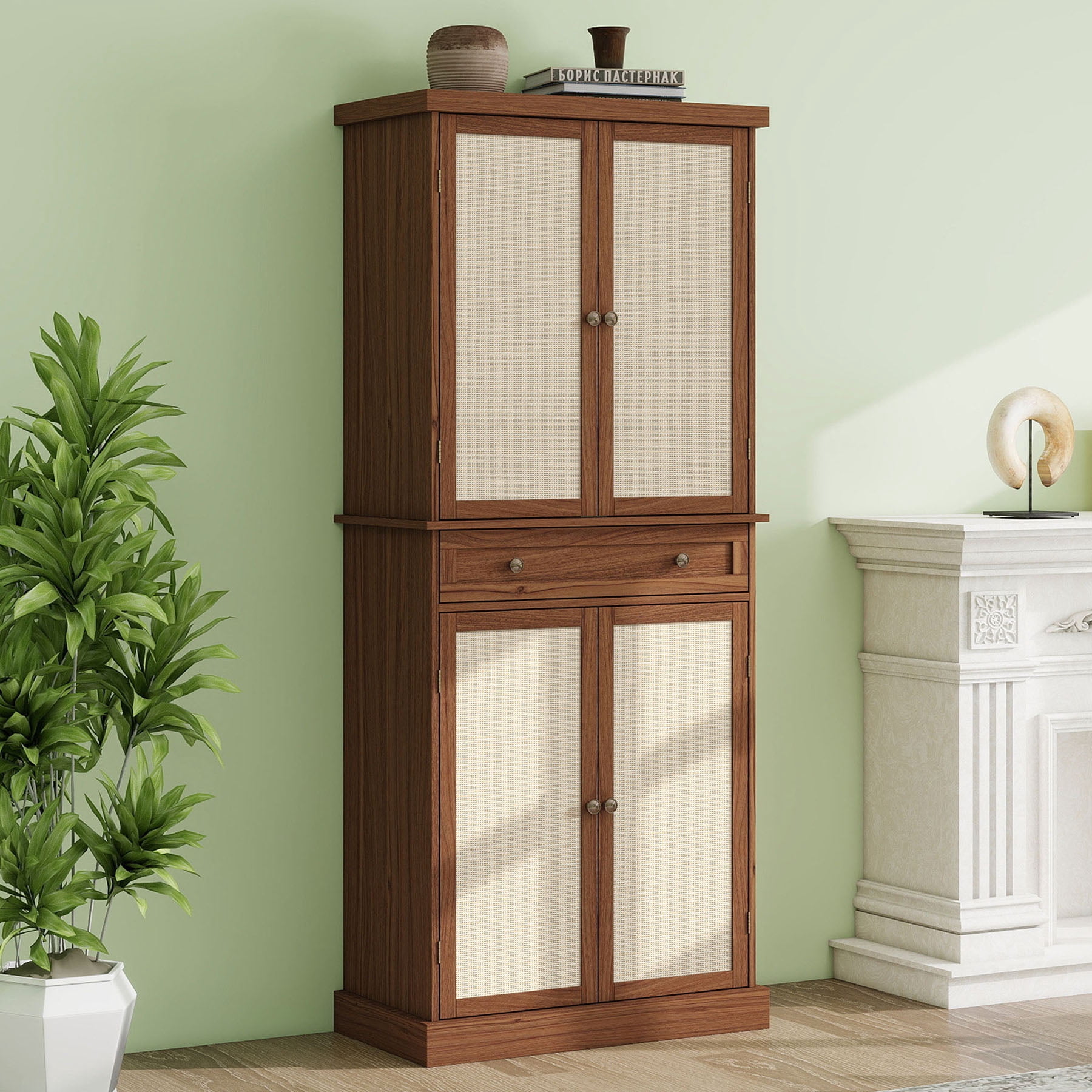 S-HOME 4 Door Storage Cabinet Featuring 1 Drawer and Adjustable Shelves in Engineered Rattan for Home Organization, Walnut