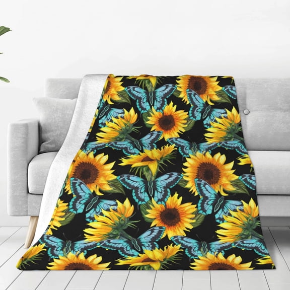 Honeii Blue Batterflies Sunflower Print Fleece Blanket - Throw Blanket for Bed, Sofa, Couch, Camping, and Travel , Microplush Ultra Soft Warm Blanket-40"x30"