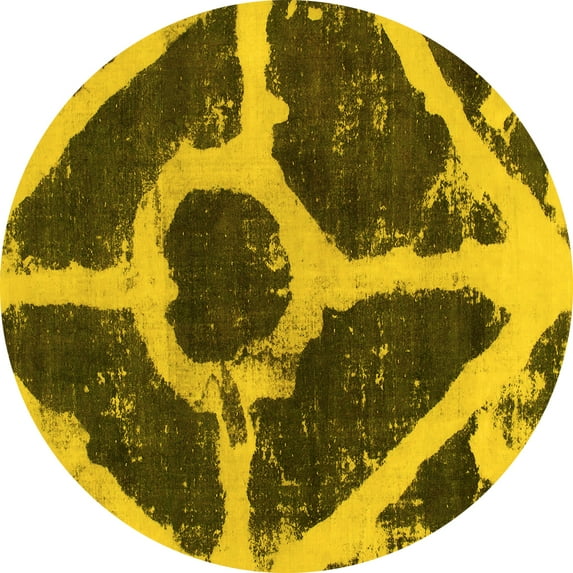 Ahgly Company Machine Washable Indoor Round Abstract Yellow Modern Area Rugs, 4' Round