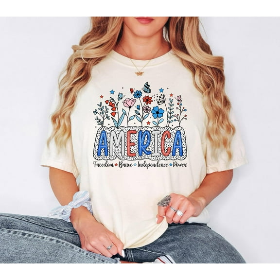 Sam Soft Floral America Shirt, 4Th Of July T-Shirt, Star American Graphic Shirt, Flower Usa Shirt, America Shirt Gift, Red White And Blue Crewneck