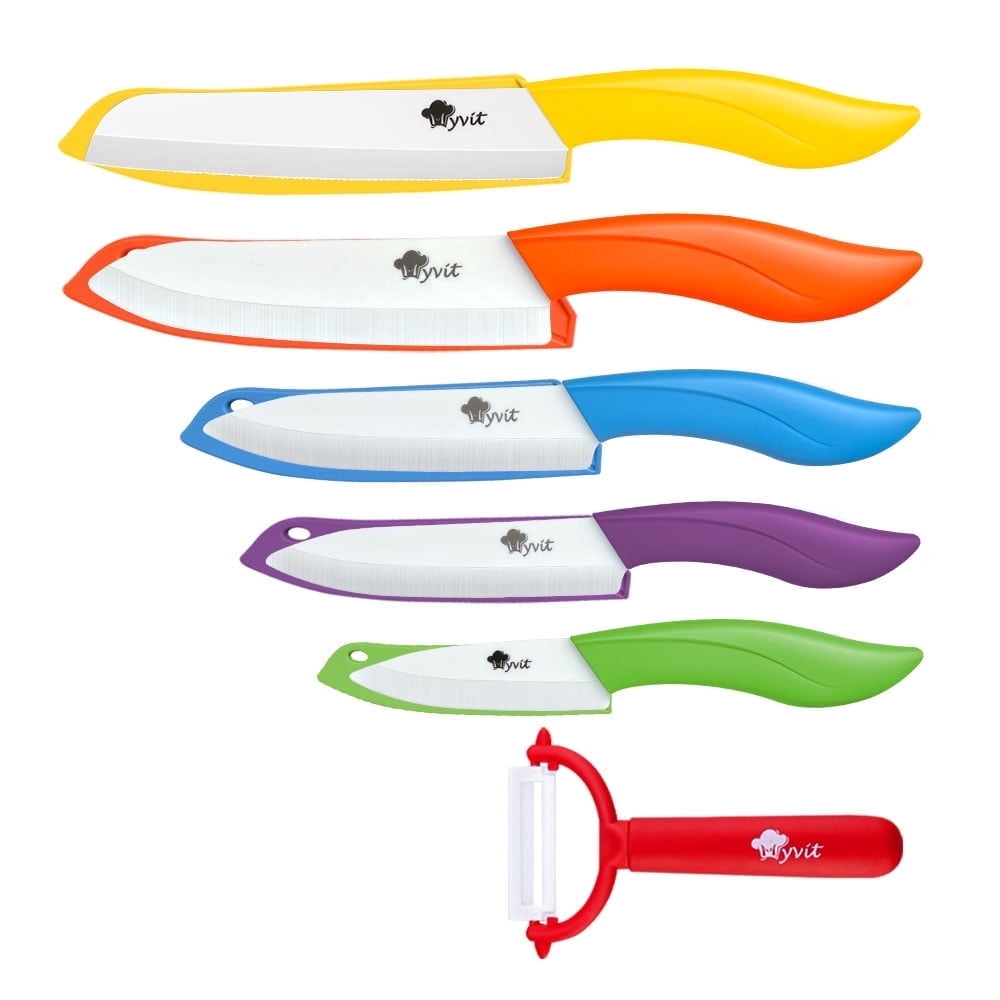 6PCS Ceramic Kitchen Knife Set with Peeler, Ultra Sharp Kitchen Knives for Fruit Vegetable Meat Bread, Colorful Handles with Blade Guards