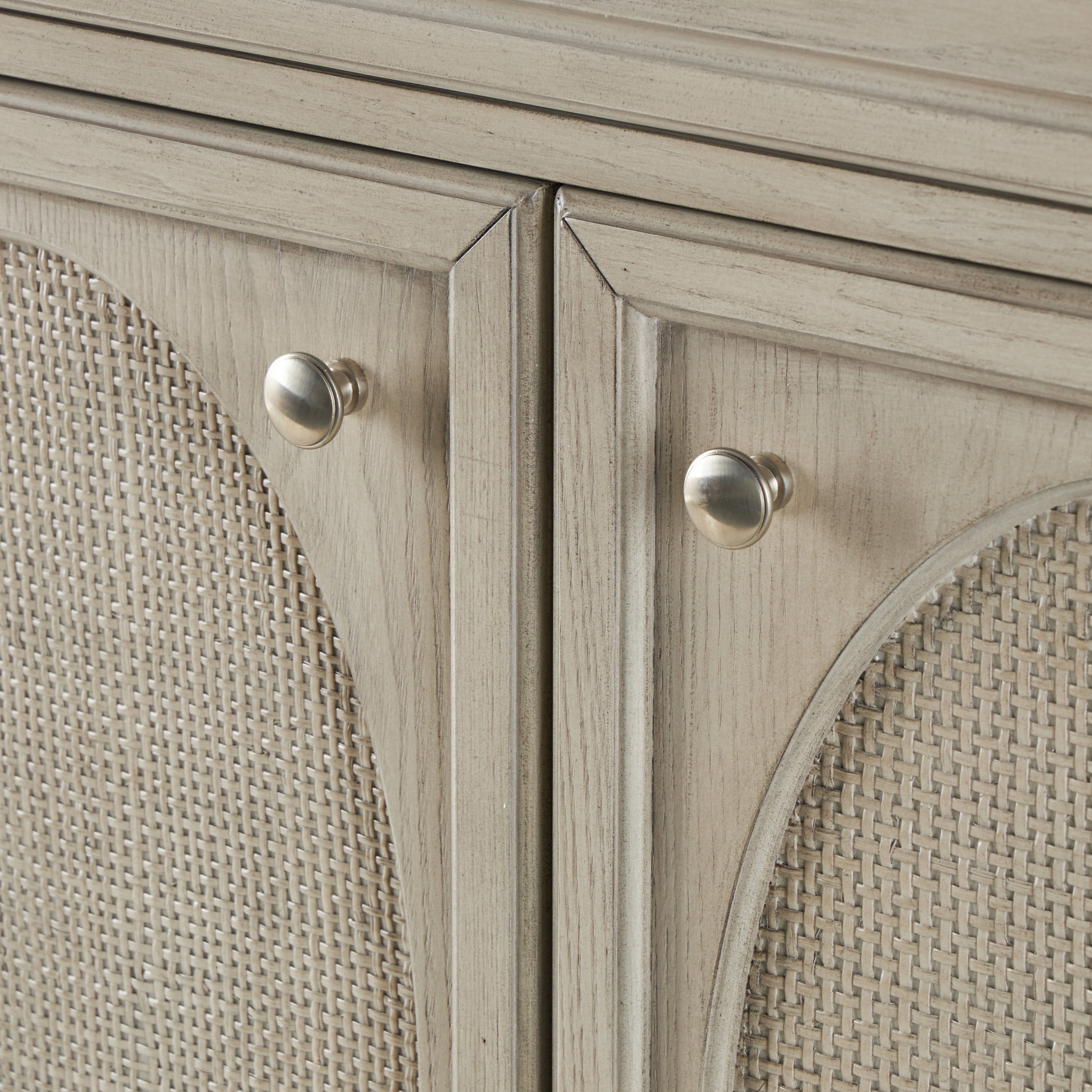 DecMode 34" x 35" Light Gray Wooden Oval Rattan Front 2 Door and 1 Drawer Geometric Cabinet, 1-Piece