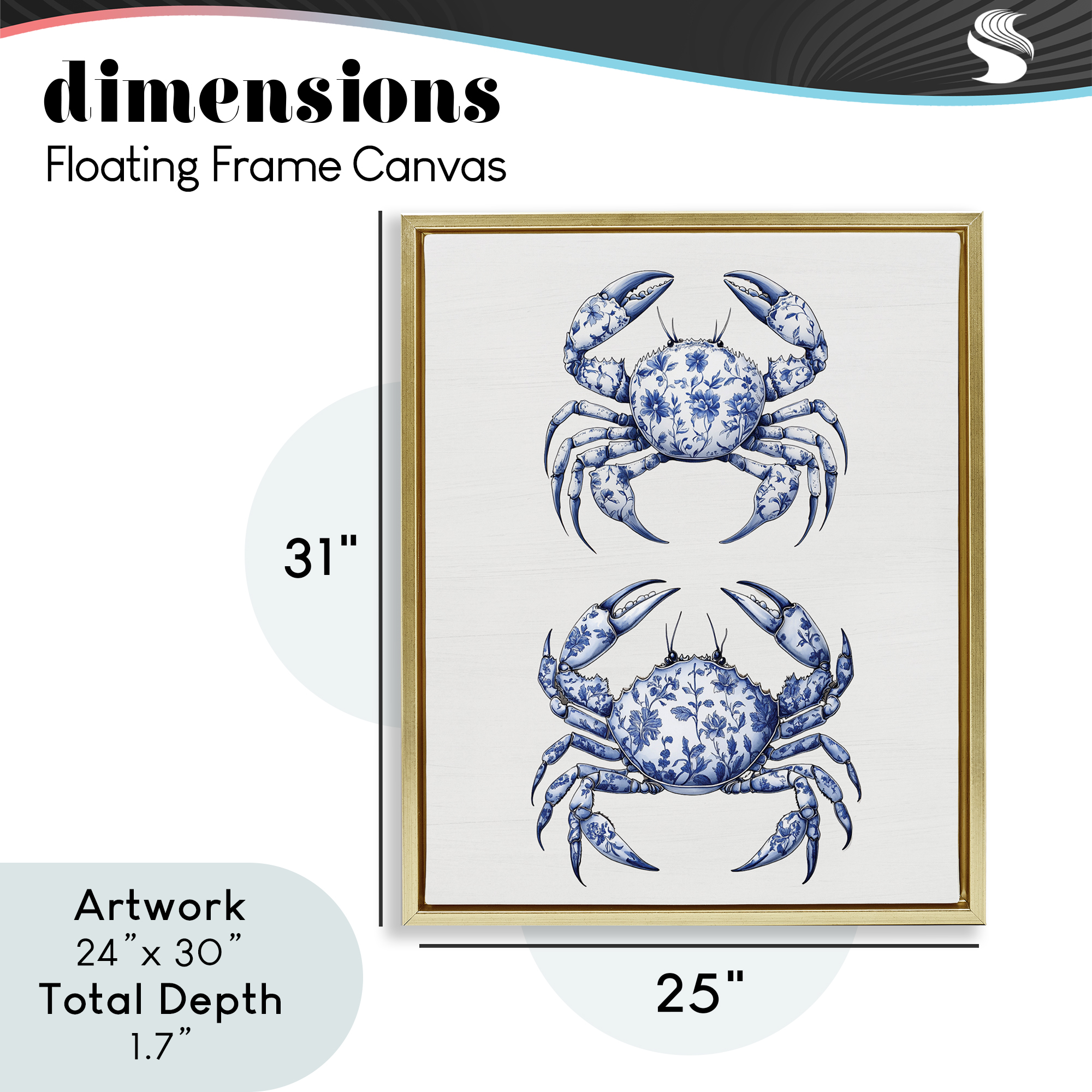 Vintage Toile Crabs Gold Framed Floater Canvas Wall Art, design by Lettered and Lined
