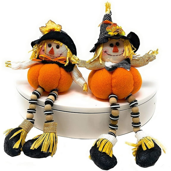 Scarecrow Pumpkin Plush Set Thanksgiving Figurines Shelf Sitter Fall Autumn Table Fireplace Decor Boy & Girl S/2 9" H