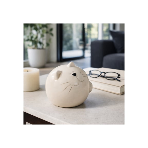 Ceramic Orb Home Decor Cat Figurine Sculpture Ornament - Stoneware Accent Sphere Statue for Shelf or Coffee Table Styling - Accent Piece for Living Room, Bathroom, Office or Room - 5?, White