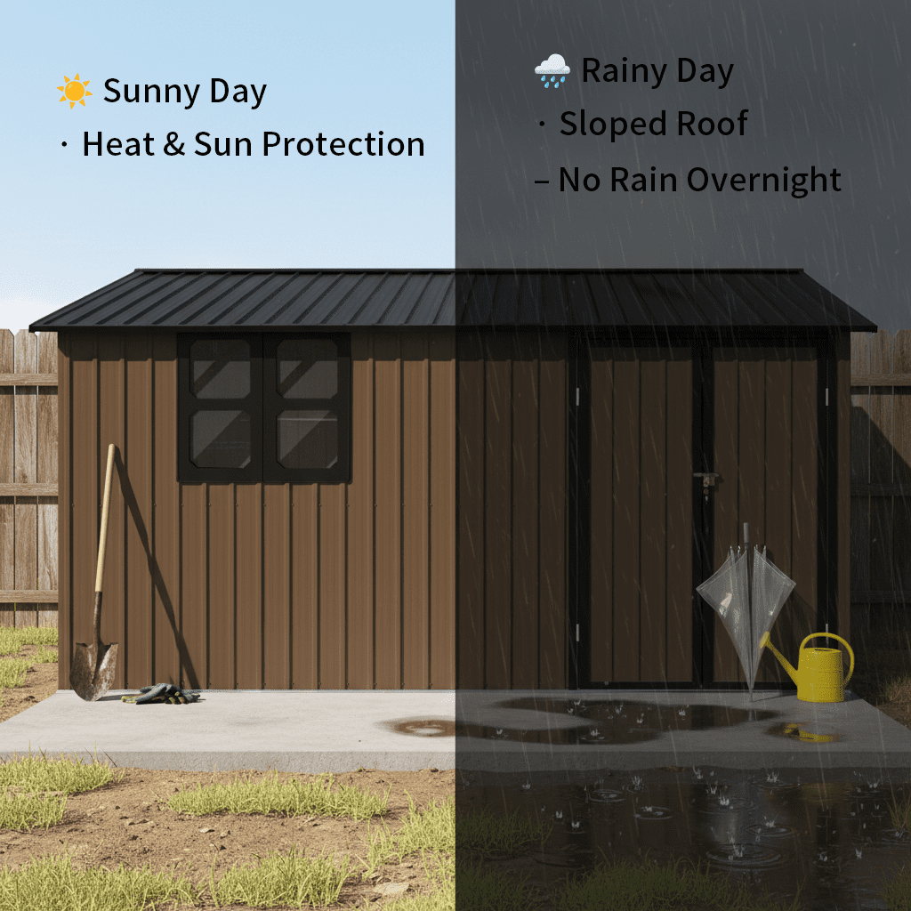 Mintazer 12×10 Ft All-Weather Metal Outdoor Storage Shed with Goods Shelves, Large Garden Tool Storage Building with Window for Backyard Lawn Patio, Brown