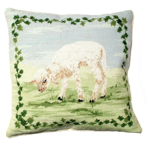Throw Pillow Needlepoint Grass Lamb 18x18 Wool Cotton Velvet Back Handmade