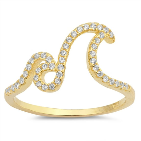 CHOOSE YOUR COLOR White CZ Yellow Gold-Tone Ocean Wave Ring .925 Sterling Silver Band Female Size 7