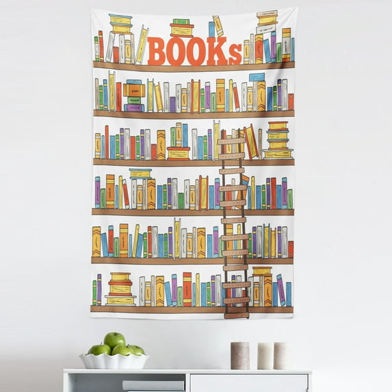 Colorful Tapestry, Library Bookshelf a Ladder Campus Life Caricature Illustration, Fabric Wall Hanging Decor for Bedroom Living Room Dorm, 5 Sizes, Multicolor, by Ambesonne
