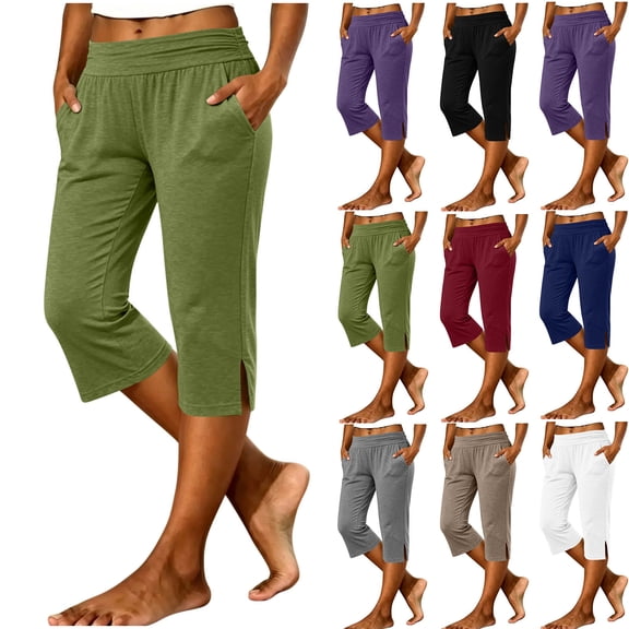 Women's Capri Pants Summer Loose Fit Slit Hem Yoga Pants Comfy Workout Cropprd Pants with Pockets Army Green XL(XL)