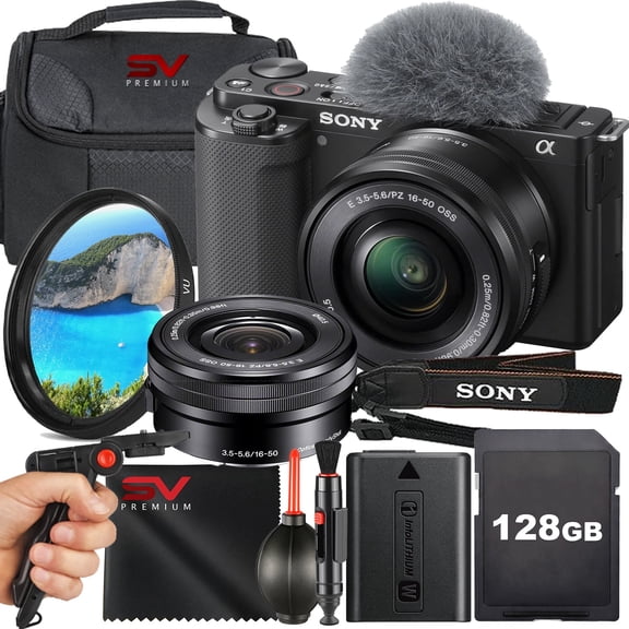 Sony ZV-E10 Mirrorless Camera with 16-50mm Lens SanDisk 128GB Memory Card Pistol Grip Tripod SV Premium Accessory Bundle (International Version)