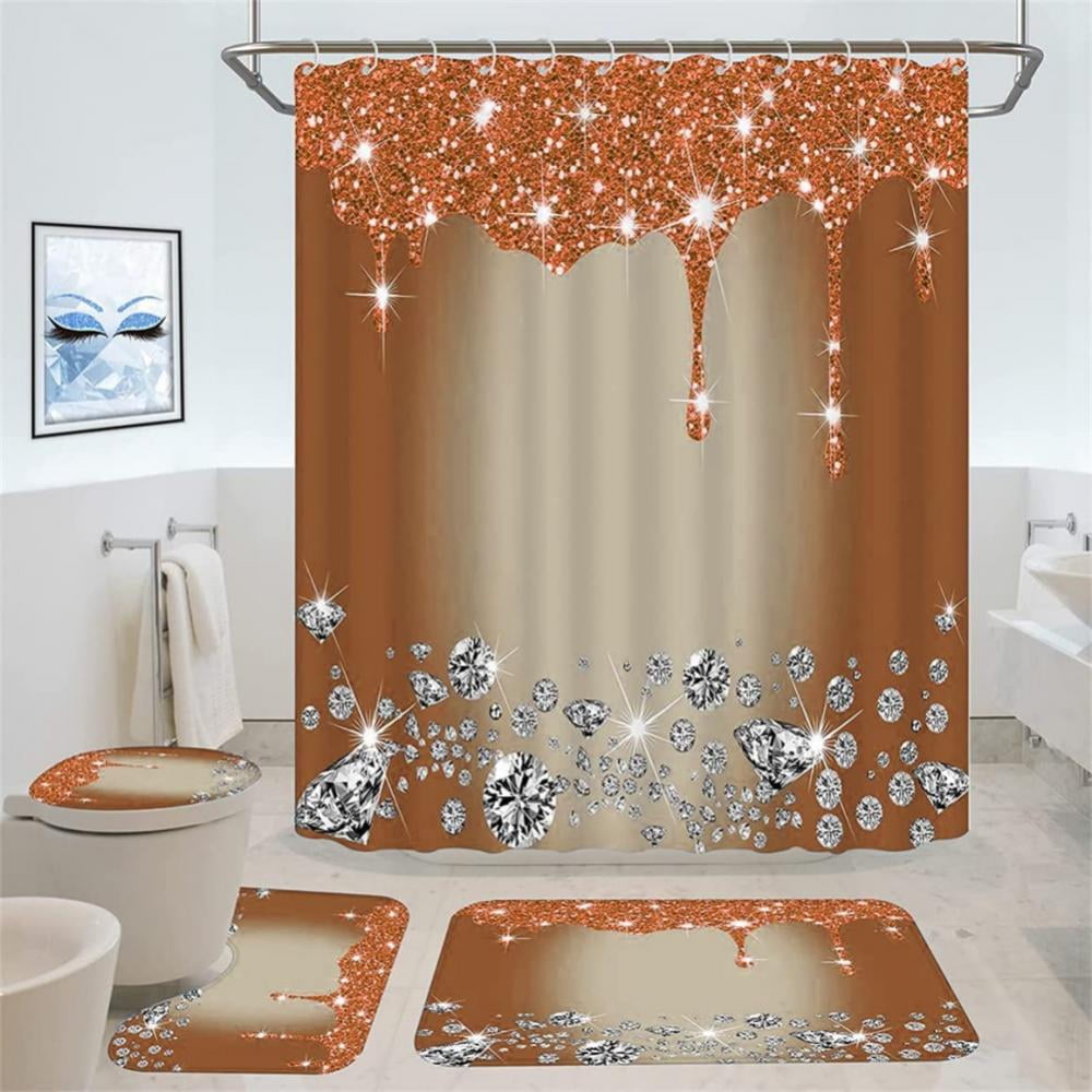 Aosijia 4 Pcs Glitter Diamond Shower Curtain Sets, Valentine's Day