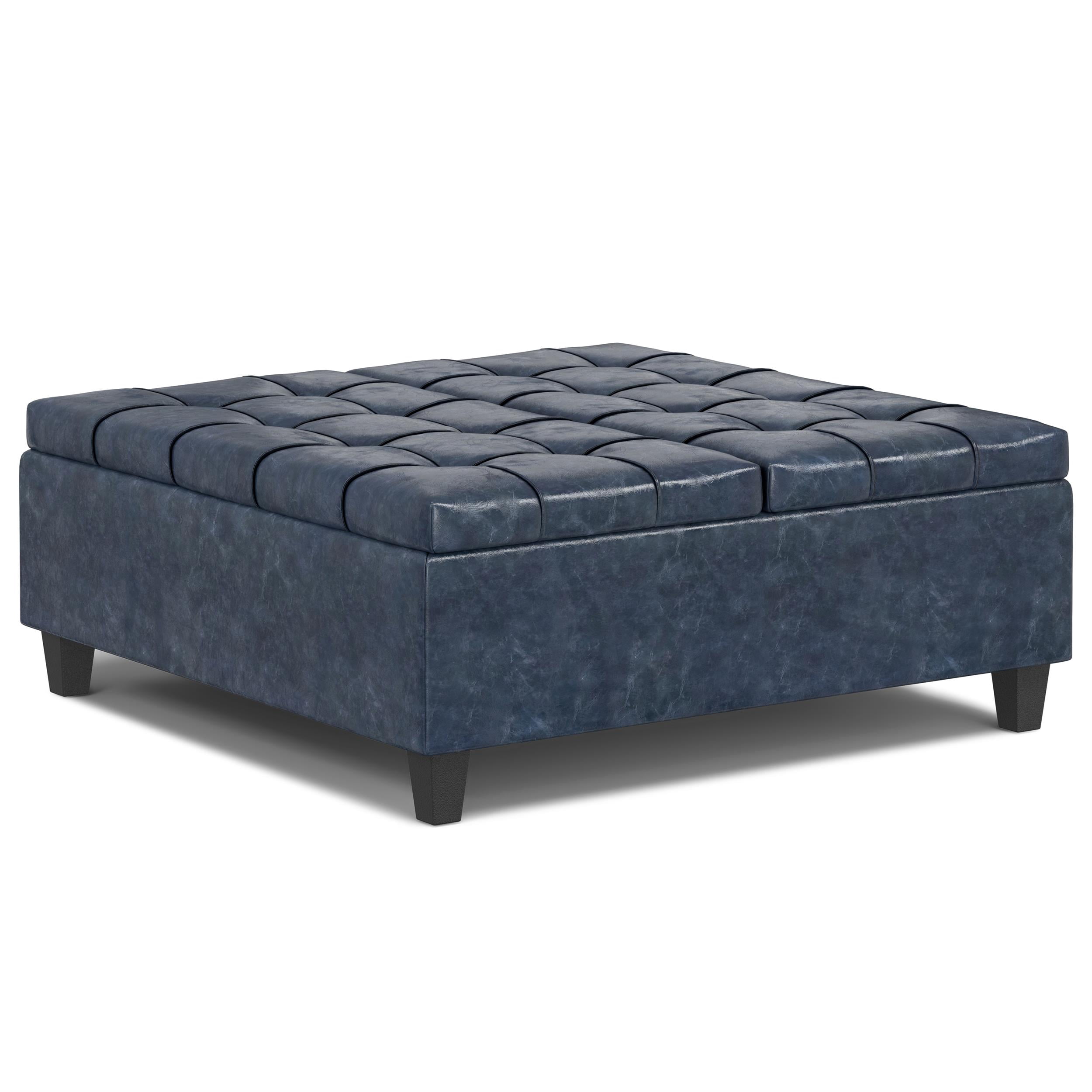 Harrison 40 inch Wide Transitional Large Square Coffee Table Storage Ottoman in Denim Blue Vegan Leather