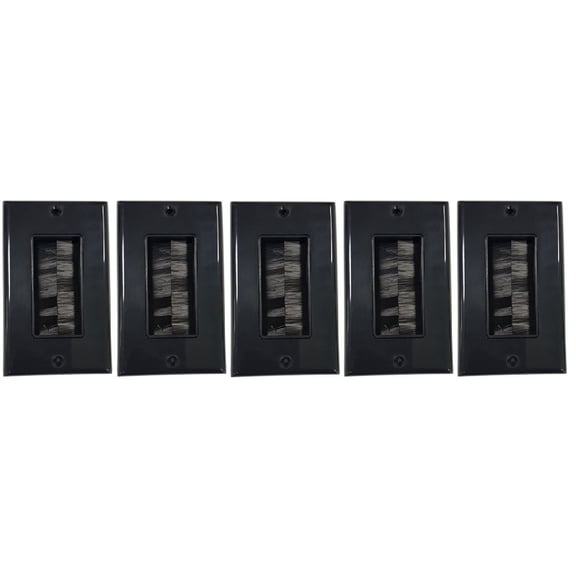 RiteAV - Single Gang Wall Plate with Brush Bristles - Black [Now Fits Larger Cables] - 5 Pack