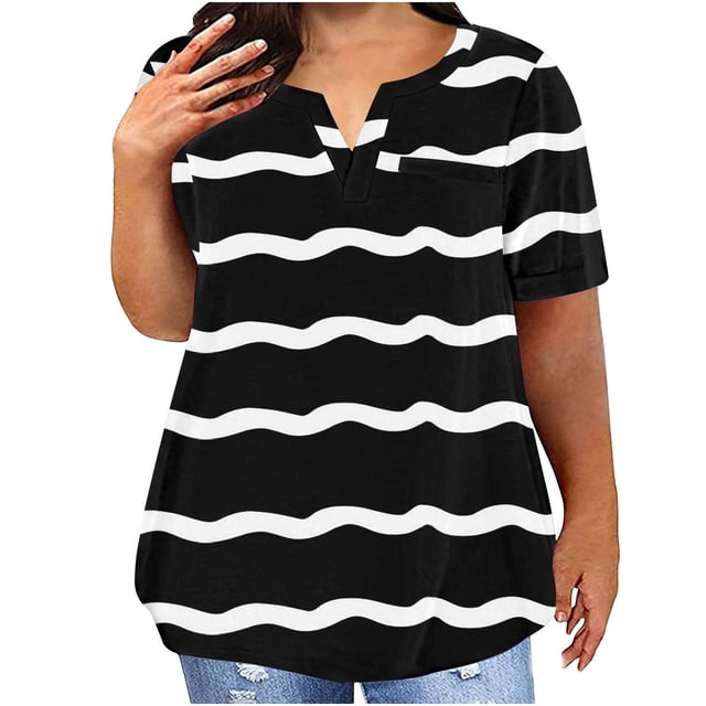 Plus Size Mujeres Blusas Cuello en V Casual Suelto Verano Blusa de Manga Corta para el Uso Diario Y Casual