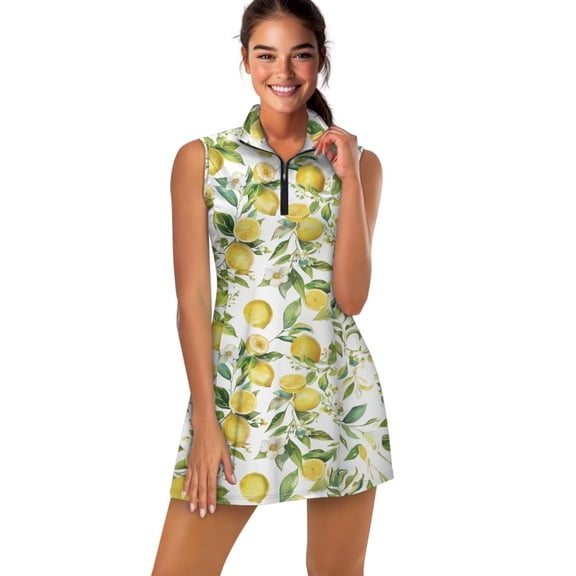 Uorisanigo Yellow Lemon Womens Golf Clothing Set Size M Casual Comfortable Workout Golf Dresses Build in Shorts with Pockets for Tennis Hiking & Outdoor Sports