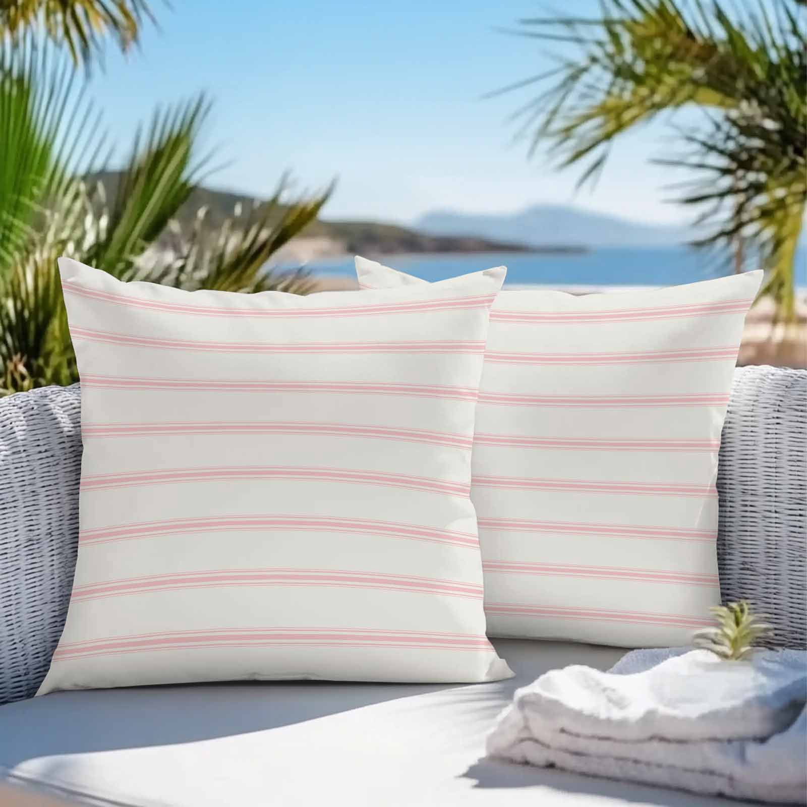 Pink Strips Outdoor Pillow Covers Set of 2 Classic Pink Lines Waterproof Throw Pillow Case Decorative Square Cushion Cover for Patio Couch Garden Balcony, 18"x18"