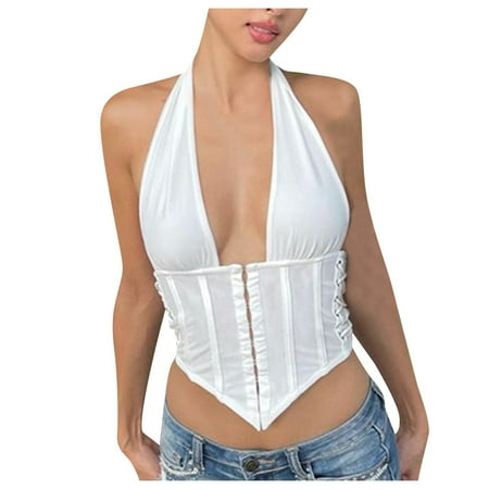 Blphud Womens Essential Tops Womens Summer Tops Tank Top for Women Top Women Women s Summer Sexy Square Neck Sleeveless Backless Trendy Corset Tank Crop Tops Tops for Women White M
