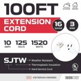 thumbnail image 2 of Iron Forge Cable Weatherproof 100 Ft Outdoor Extension Cord - 16/3 SJTW Heavy Duty White Extension Cord 3 Prong - 13 Amp Exterior Power Cable, 2 of 8