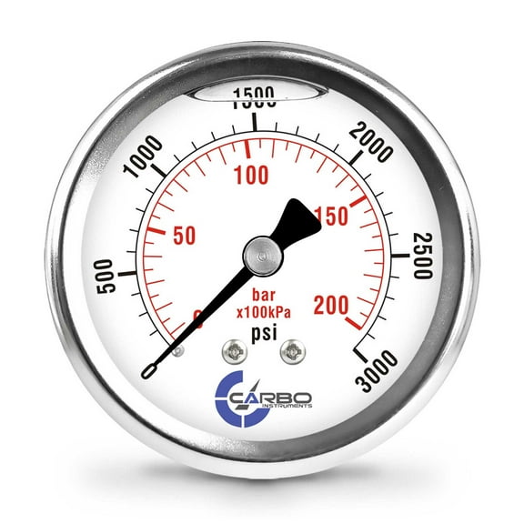 CARBO Instruments 2 1-2" Pressure Gauge, Stainless Steel Case, Chrome Plated Brass Connection, Lqiuid Filled, 0-3000 psi/kPa, Back Mount 1/4" NPT