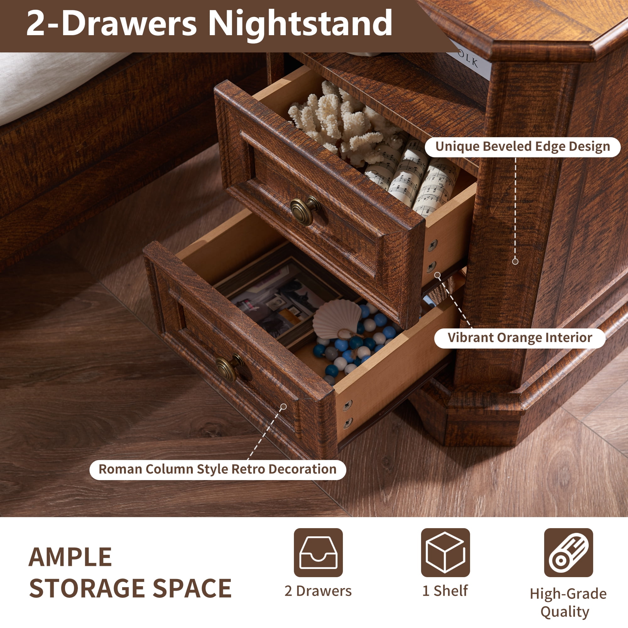OKD Farmhouse Nightstand with Charging Station, End Table with 2 Drawers for Living Room, Side Table, Brown