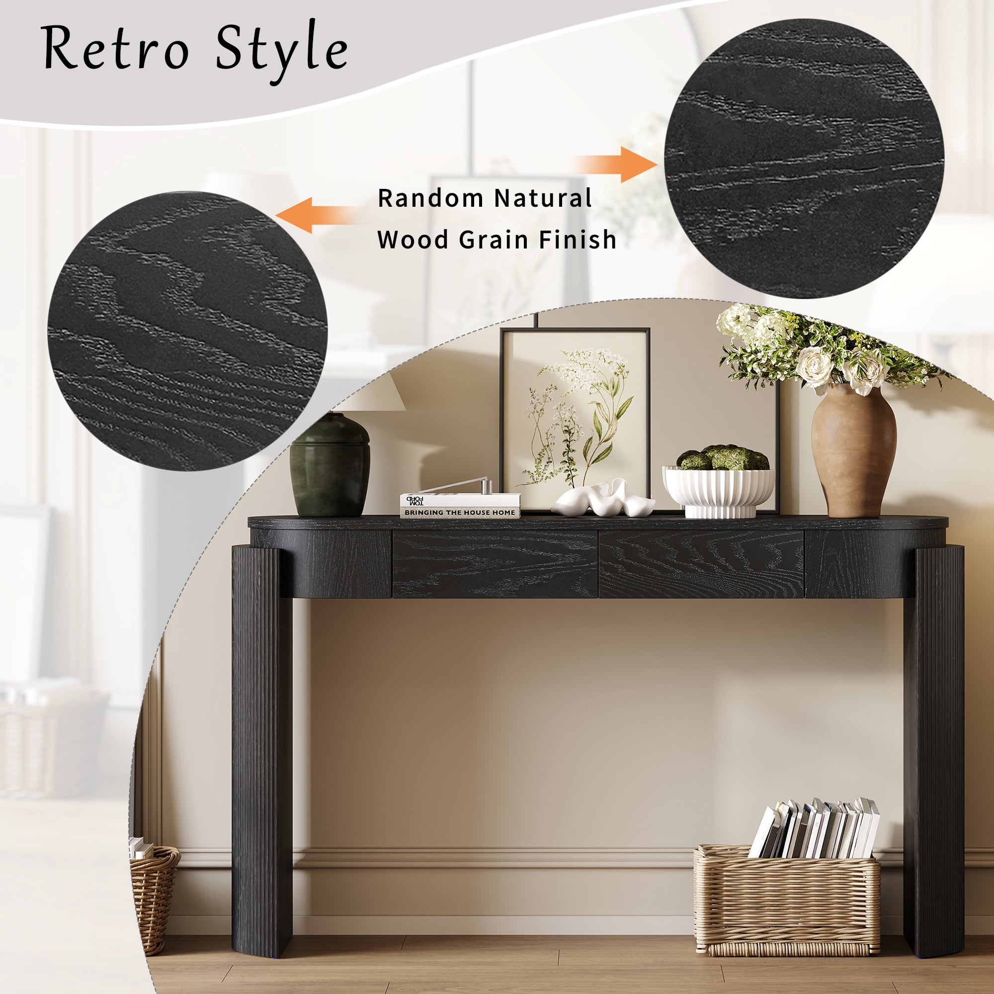 Harper & Bright Designs Fluted Console Table with Storage, Wood Entryway Table with Drawers and Oval Top Shelf, Black