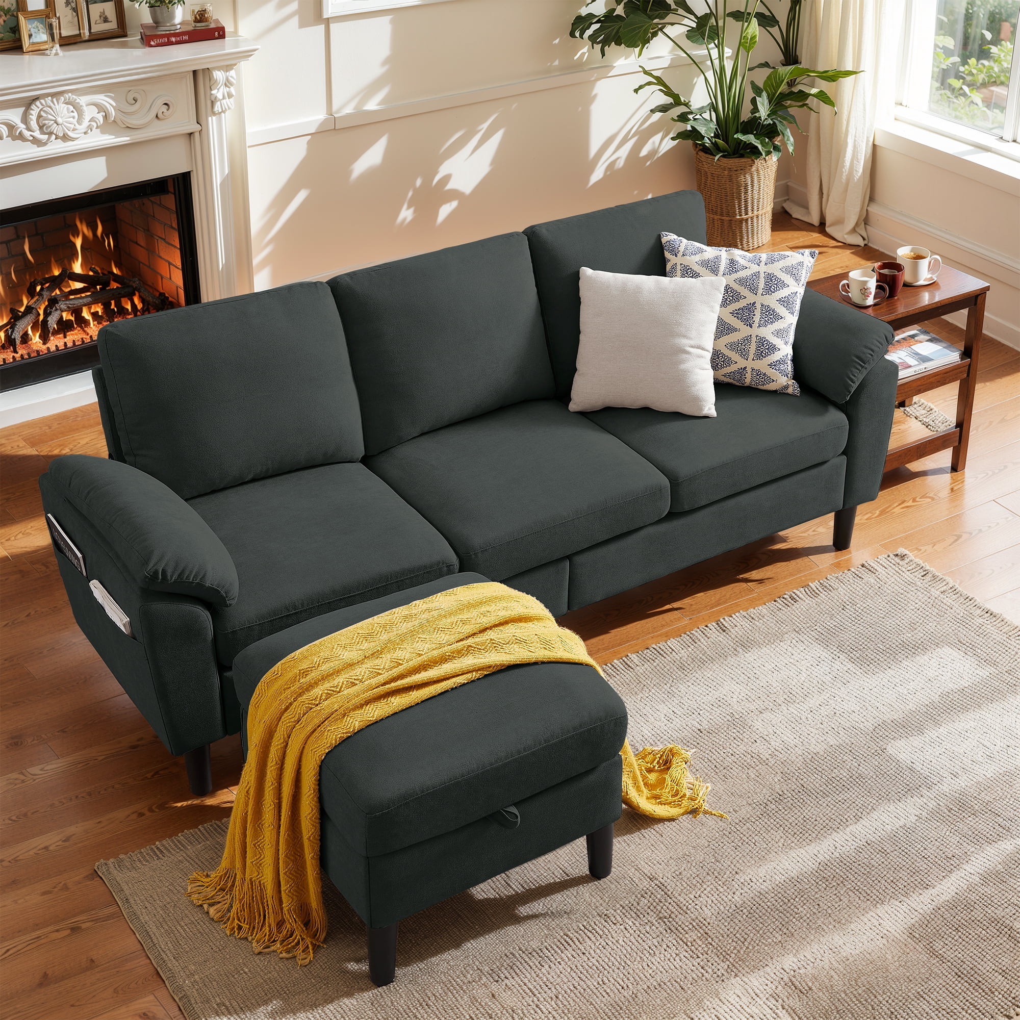 Pingliang Home 80" Sectional Sofa Couch,L Shaped 3 Seat with Reversible Storage Ottoman and Side Pockets, Modern Polyester Fabric Sofa Couches for Living Room Apartment Office Studio Small Space
