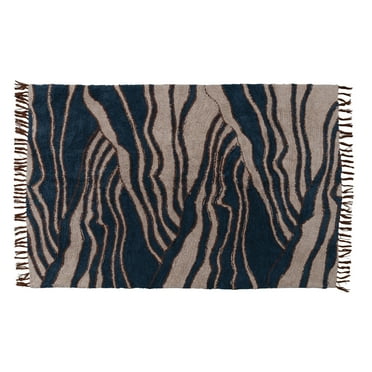 Bloomingville Cotton Tufted Rug with Wave Design and Fringe, Beige and Navy