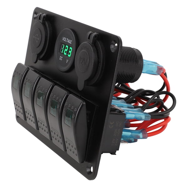 Switch Panel DC 12 to 24V 5 Gang Aluminum Alloy IP65 Water Resistant Prewired Rocker Switch Panel with Dual USB Cigar Lighter Socket Voltmeter 5 Gang Rocker Switch Panel
