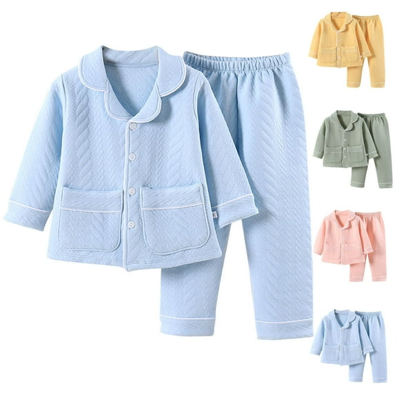 YHAJDS Boys Girls Casual Winter 2 Piece Outfits Set 1-18 Years Older Kids Solid Color Long Sleeve Loungewear Three Layer Padded Thick Air Layer Collared Cardigan Soft Loose Set